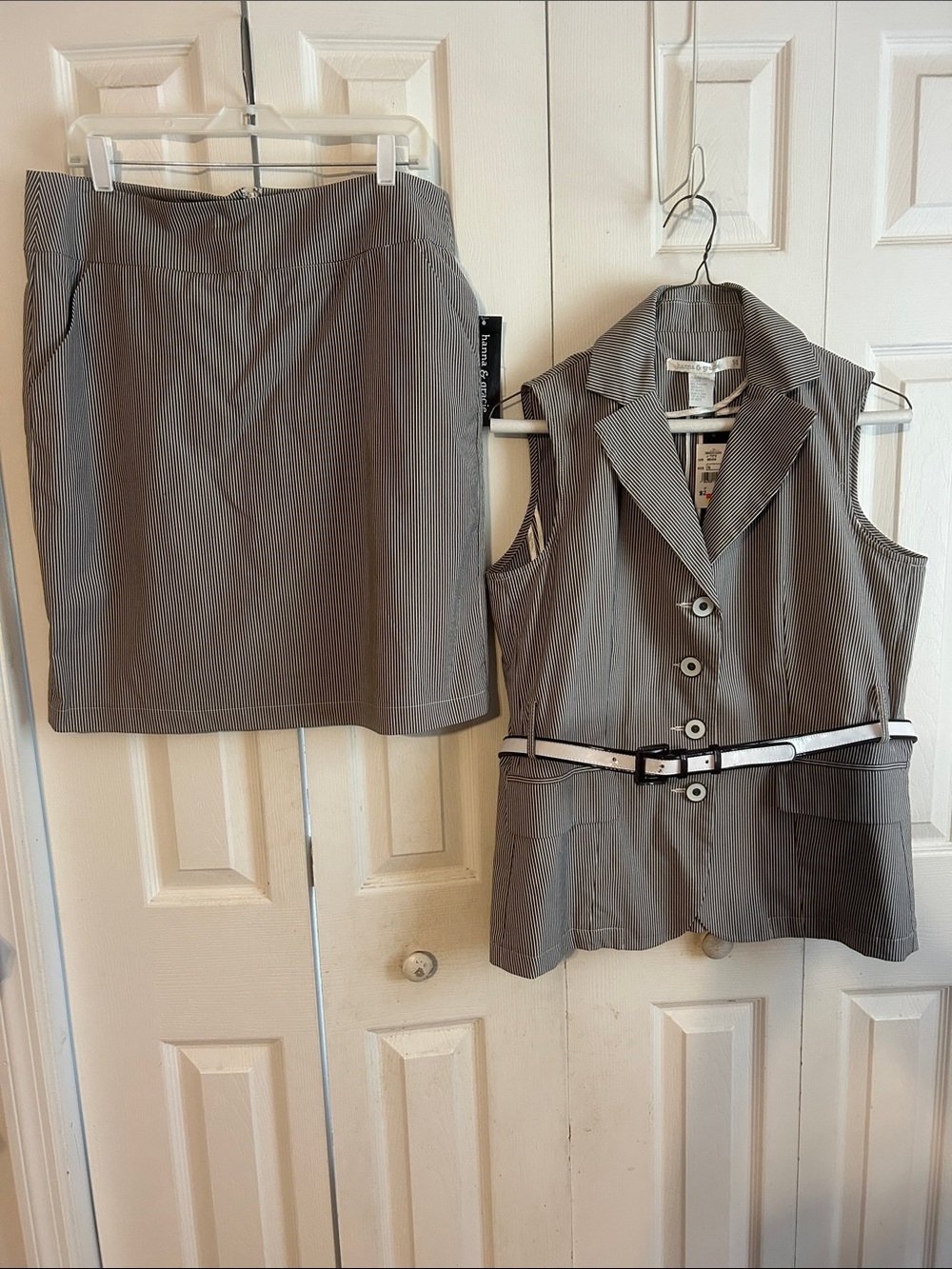 Two-Piece Pinstripe Skirt and Sleeveless Vest Set in Gray.  Size 14.  NWT